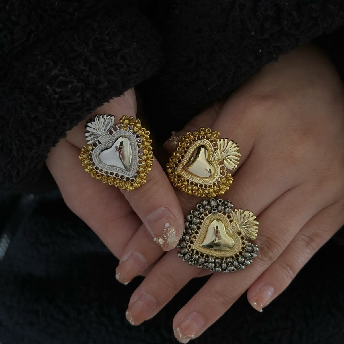 Wholesale Love  Gold and Silver Sacred Heart Copper Ring