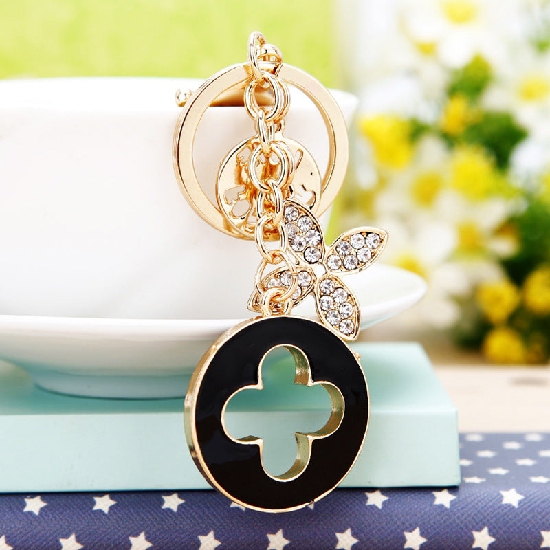 Wholesale Pink Four Leaf Clover Love Lock Keychain Rhinestone Inlaid Metal Car Key Ring Fashion Accessory Gift