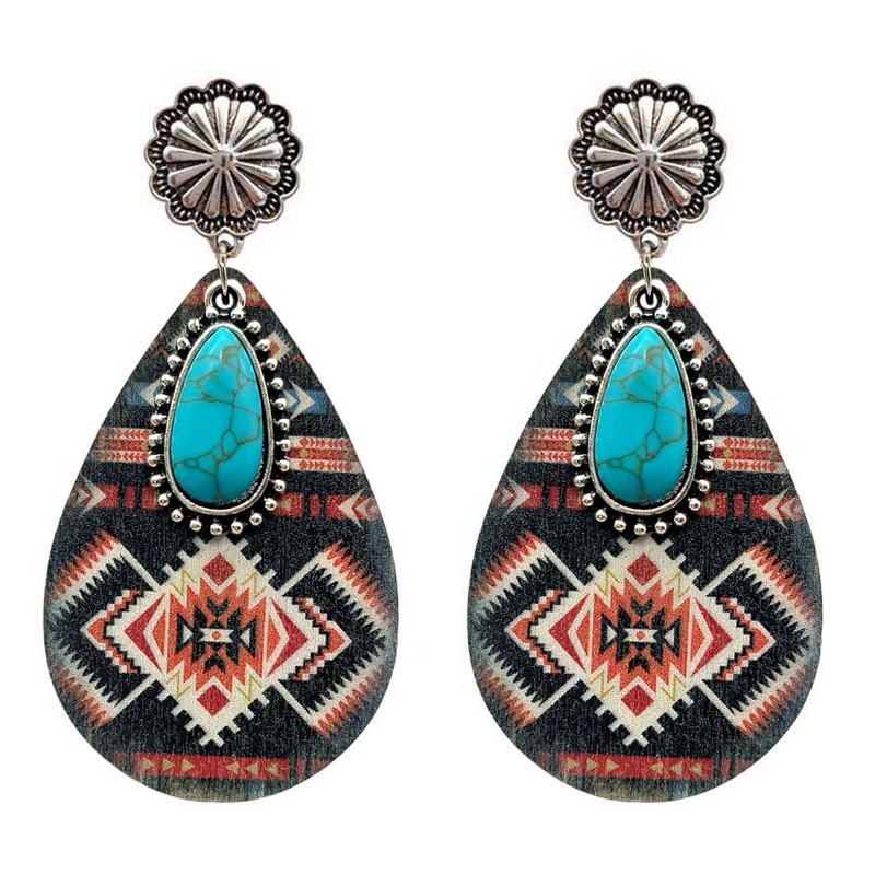 Wholesale Ethnic Turquoise Western Style Aztec Leather Drop Earrings