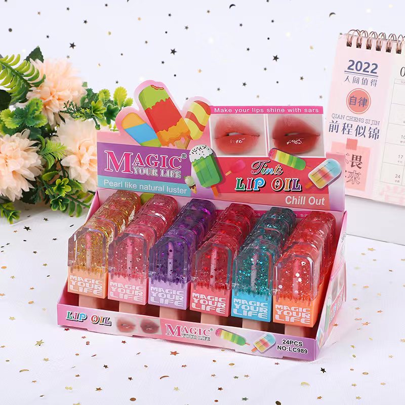 Wholesale 24pcs Ice Cream Sequins Color Changing Moisturizing Easy To Color Lip Gloss