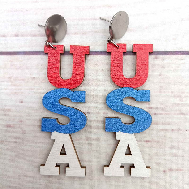 Wholesale Independence Day Flag Wooden Colorful Alphabet Stainless Steel Earrings