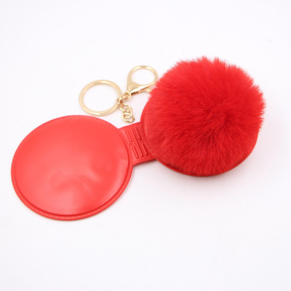 Wholesale Creative Light Gray Leather Pom Pom Mirror Keychain Bag Charm Car Key Accessory For Women Party Gift