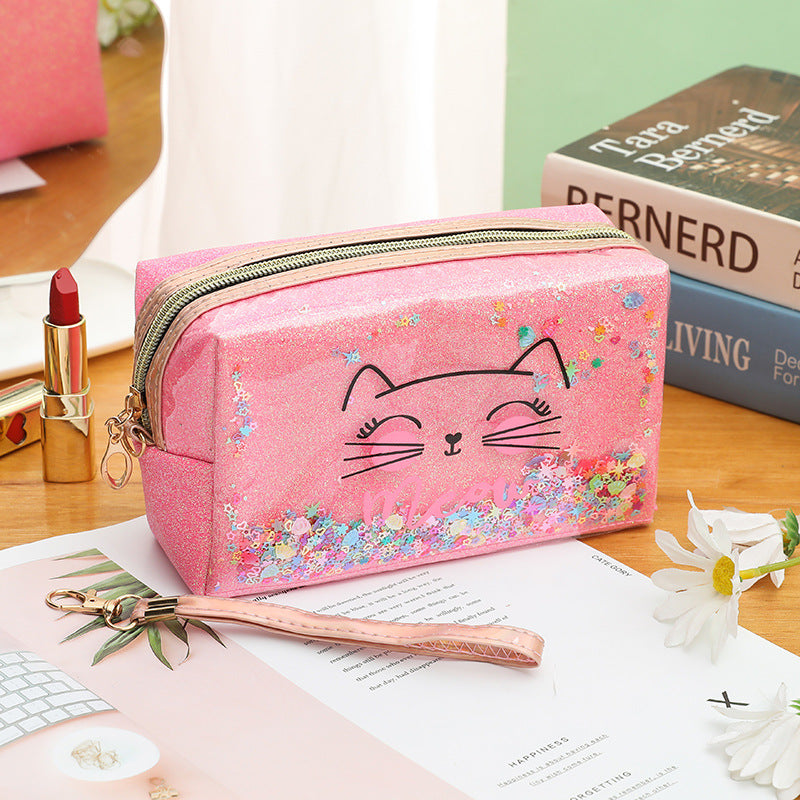 Wholesale Cat cartoon cosmetic bag quicksand pencil case cosmetic bag