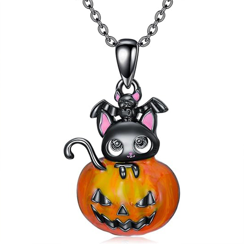 Wholesale  Halloween Pumpkin Cat Funny Pendant Gothic Bat Oil Pink Cat Clavicle Chain Dress Up Necklace