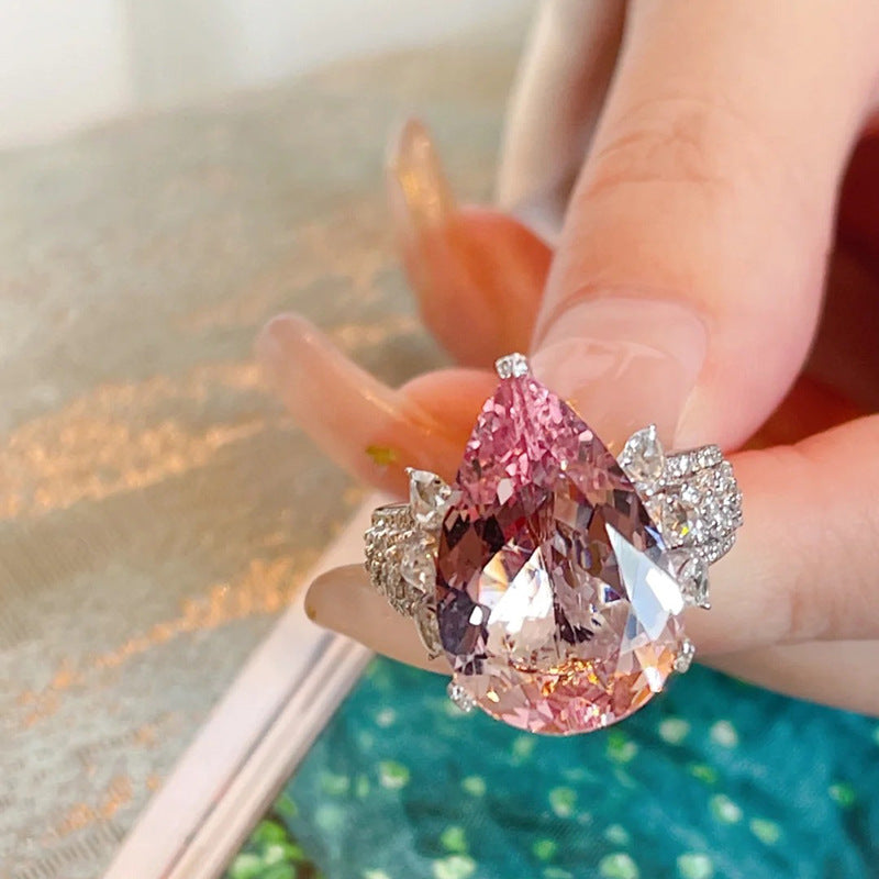 Wholesale Pink Water Droplet Shaped Full Diamond Copper Rings