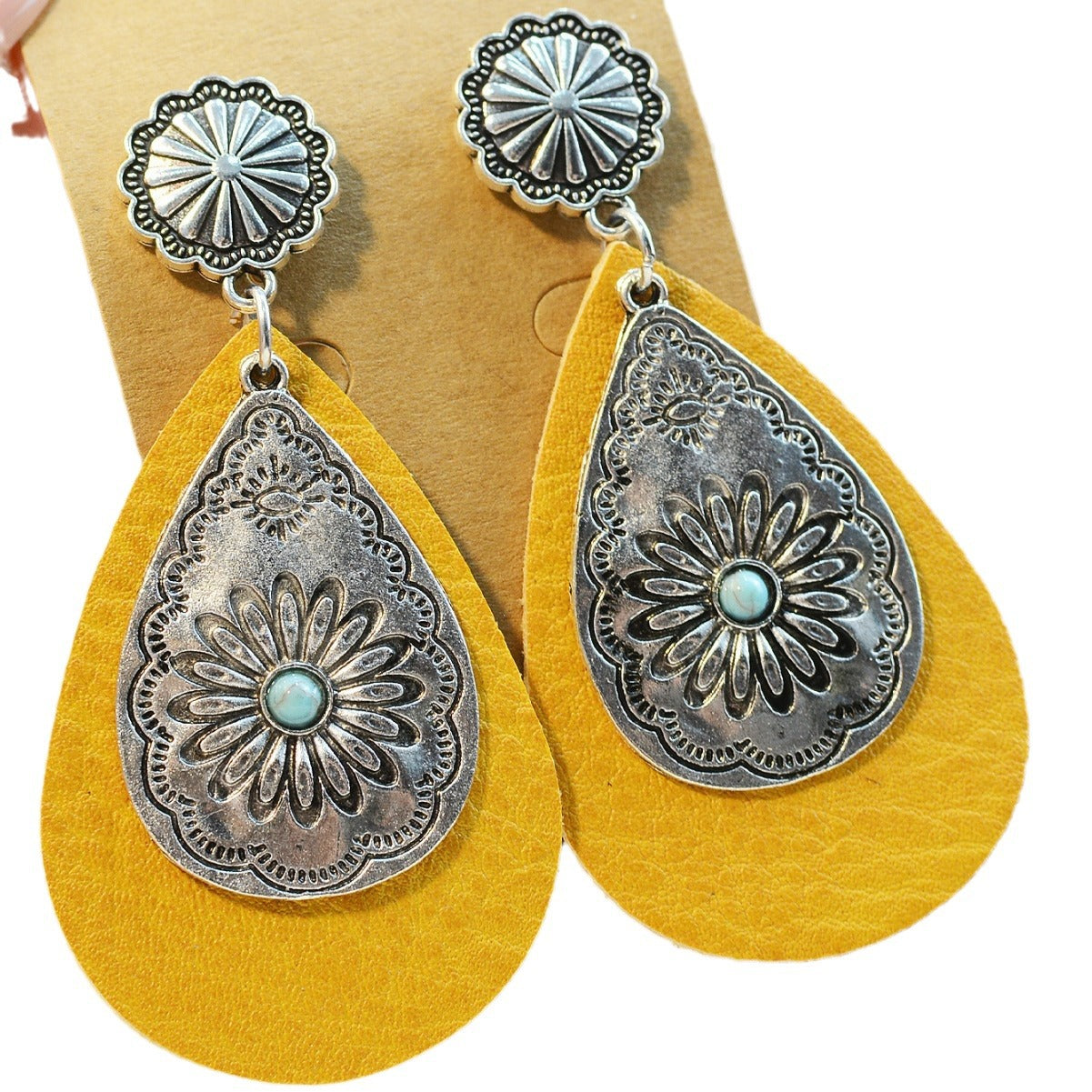 Wholesale Turquoise Inlaid Western Cowboy Earrings Plush Cow  Semi-Circle Cut Out Leopard