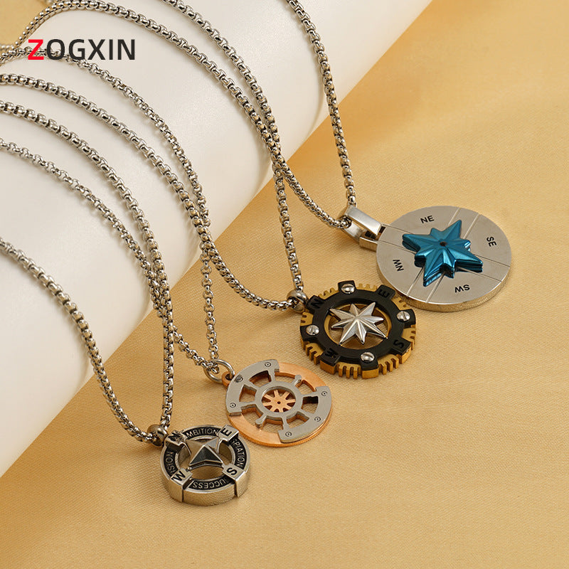 Wholesale Titanium steel round hollow compass vintage Baman star necklace