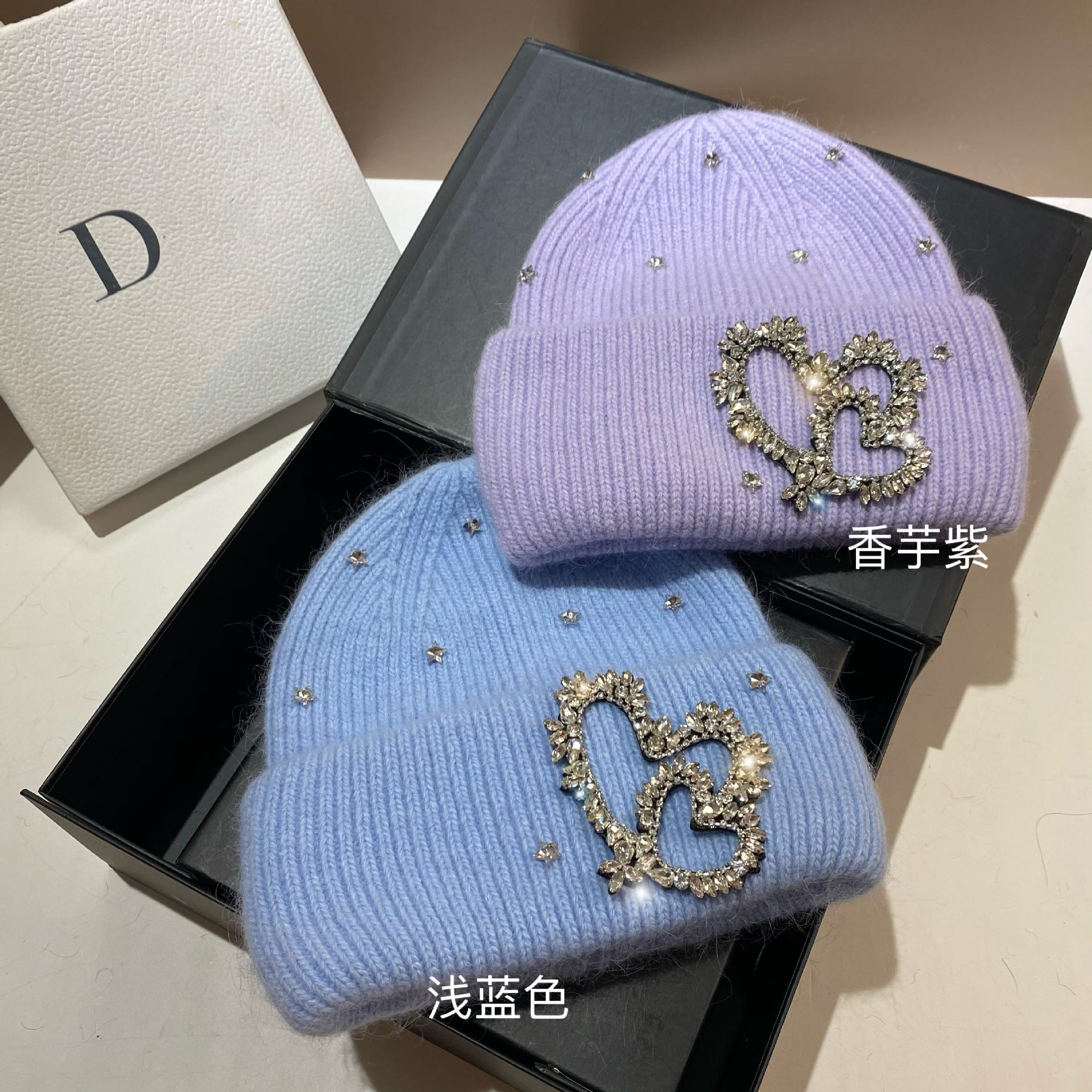 Wholesale Heavy Industry Rhinestone Heart Rabbit Fur Earmuff Knitted Hat