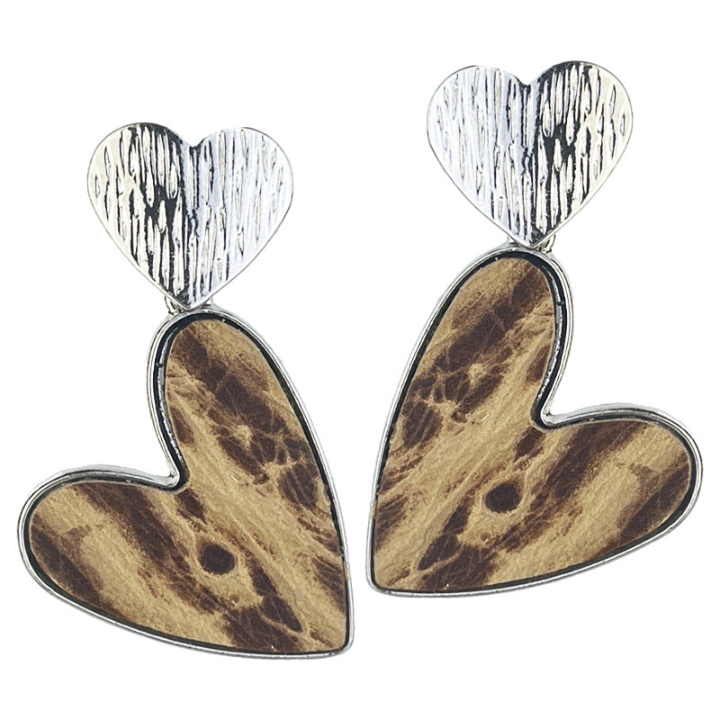 Wholesale 2Pairs/pack Metal Double Heart Embossed Textured Western Leather Earrings