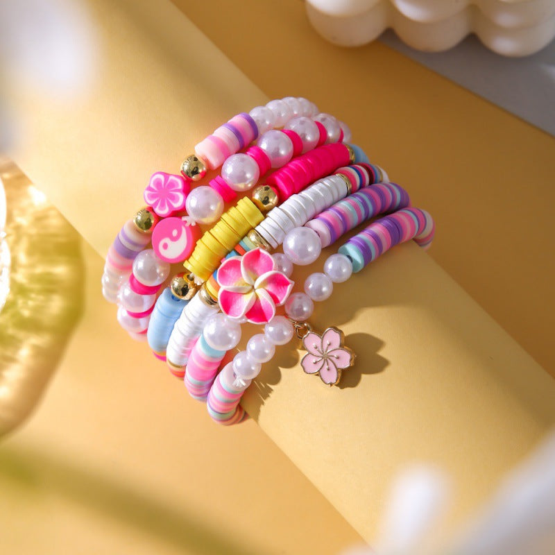 Wholesale College Style Colored Soft Clay Ocean Elements Five-petal Flower Shell Pendant Pearl Bracelet 6-piece Set