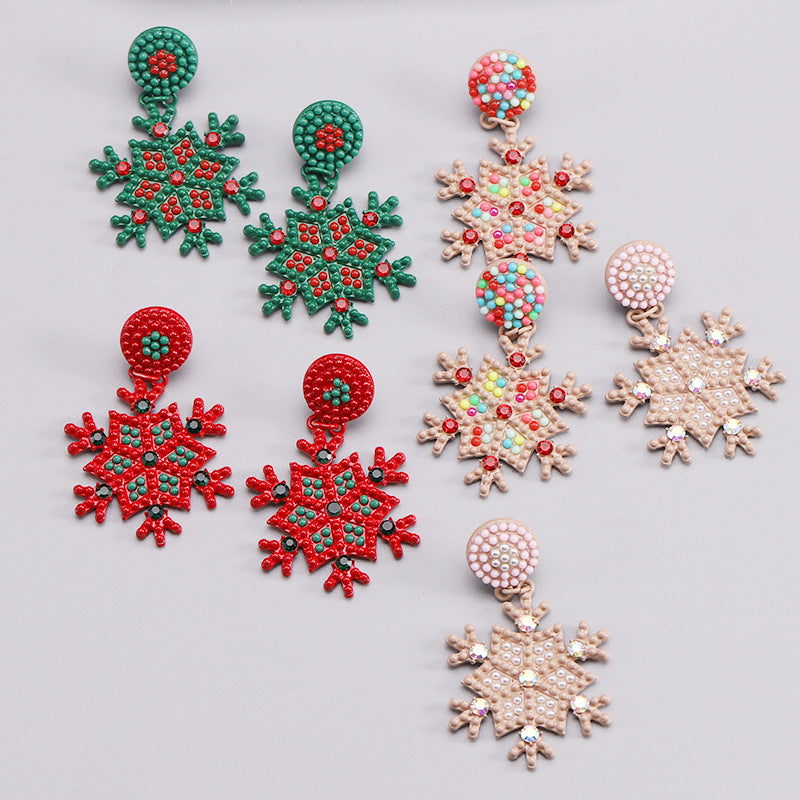 Wholesale Christmas Snowflake Alloy Rice Beads Spray Paint Earrings