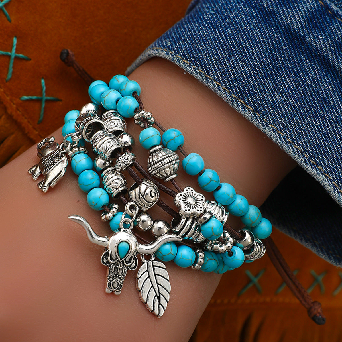 Wholesale Ethnic Bohemian Turquoise Bull Head Elephant Leaf Handmade Multi-layer Bracelet
