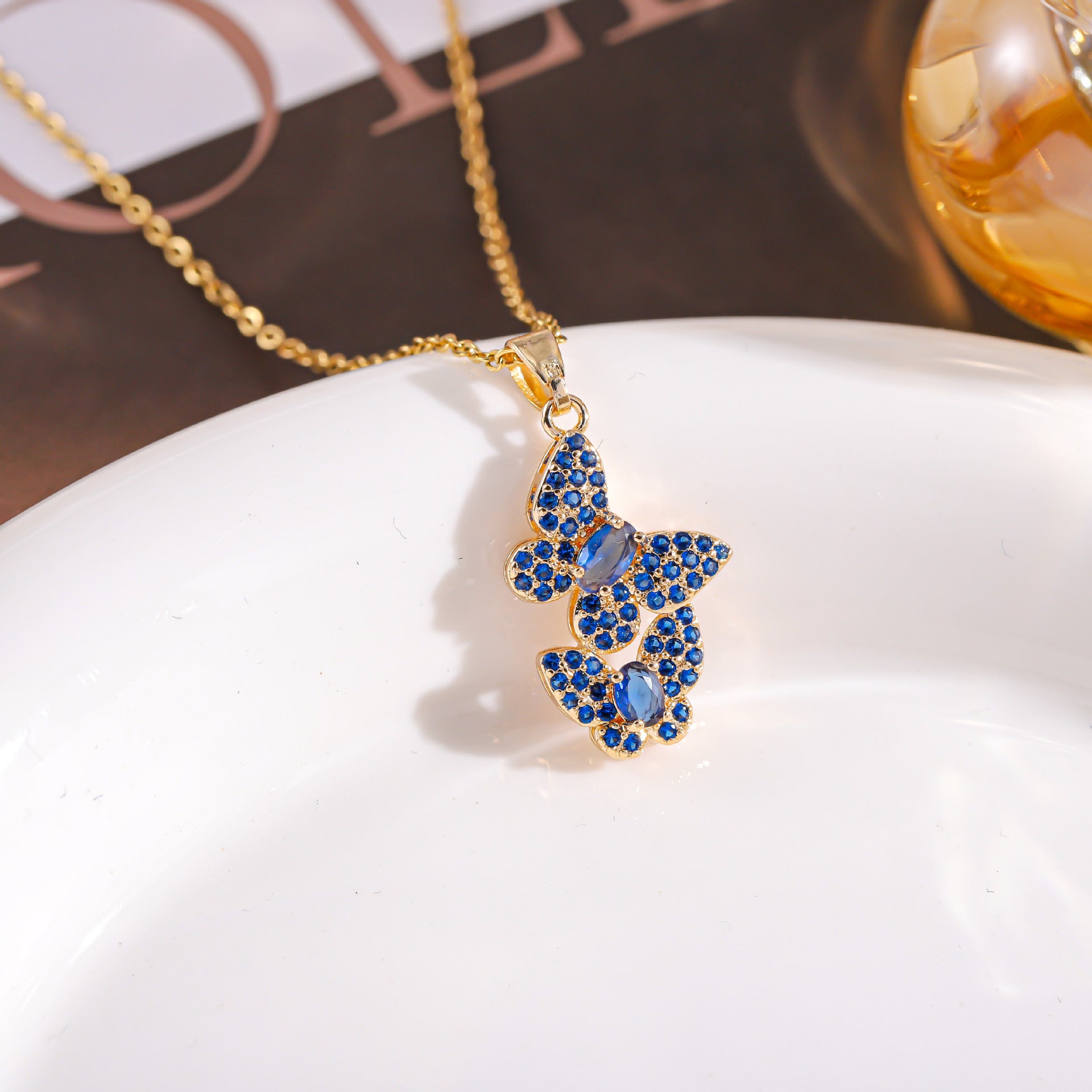 Wholesale fashion jewelry pendant colorful full diamond double butterfly necklace