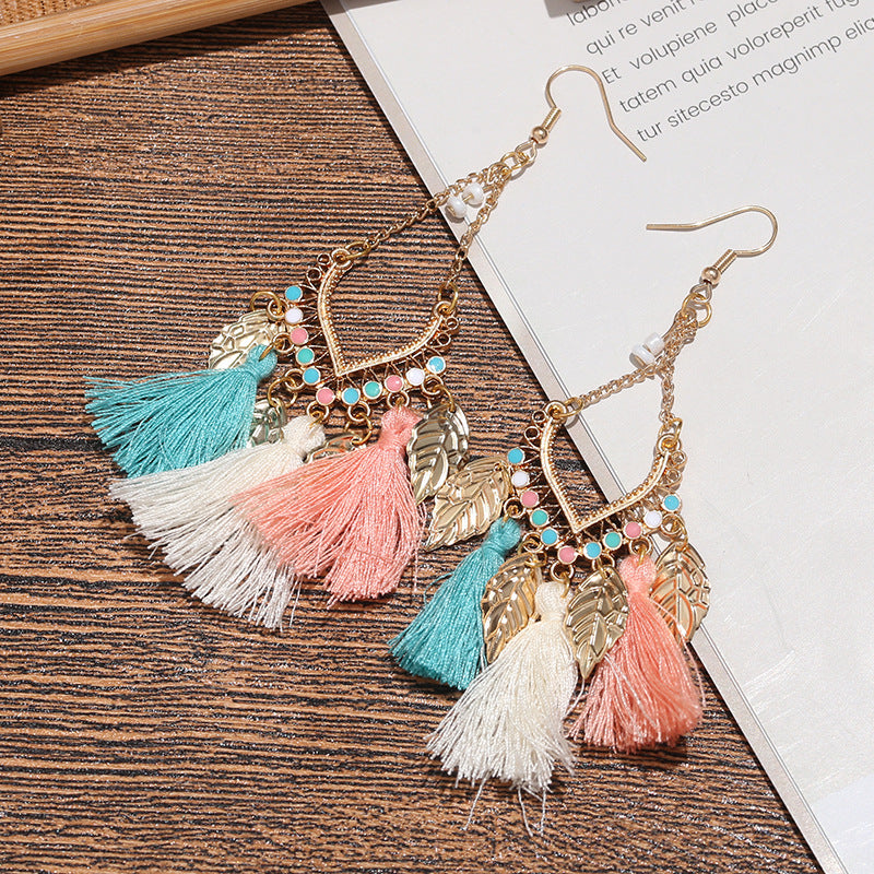 Wholesale Ethnic Style Tassel Metal Leaf Earrings