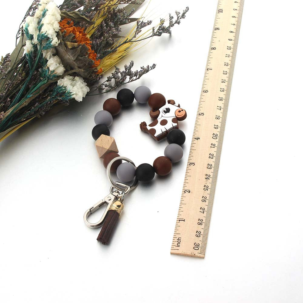 Wholesale Silicone Food Grade Wooden Beads Cartoon Tassel Wrist Keychain