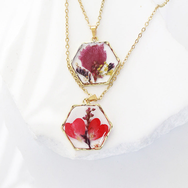 Wholesale 6pcs Polygonal Real Flower Preserved Flower Dried Flower Necklace