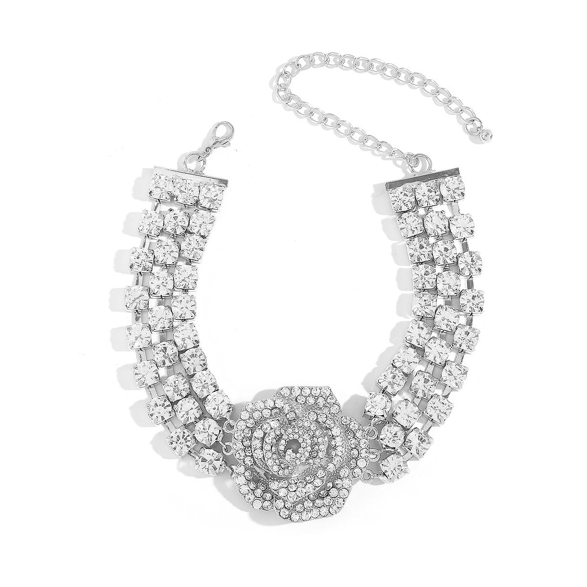 Wholesale Exaggerated Multi-row Diamond-studded Three-dimensional Rose Necklace