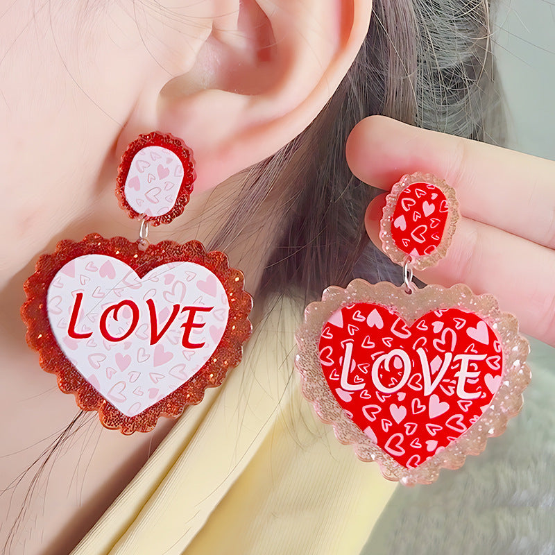 Wholesale Valentine' s Day Heart-shaped LOVE Acrylic Glitter Earrings