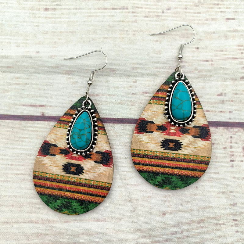 Wholesale Western Style Aztec Turquoise Ethnic Style Leather Drop Earrings