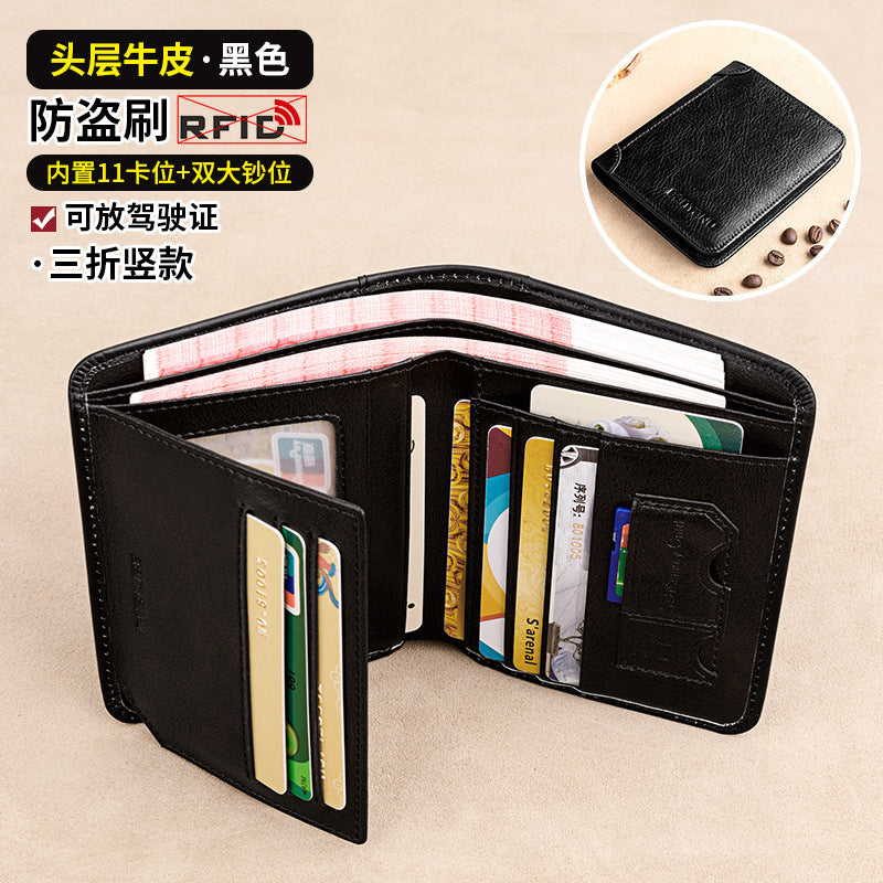 Wholesale Men's Wallet RFID Anti-theft Brushed Genuine Leather Wallet