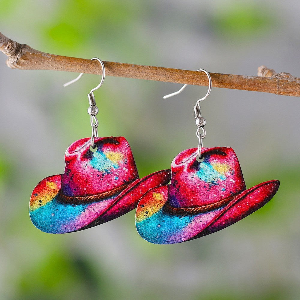 Wholesale Western Cowboy Hat Horseshoe Flower Pendant Earrings Bohemian Acrylic Double Sided Earrings Fashion Party Gift