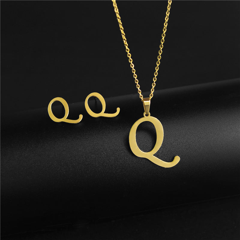 Wholesale Stainless Steel 26 Letter Necklace Earrings Two Piece Set