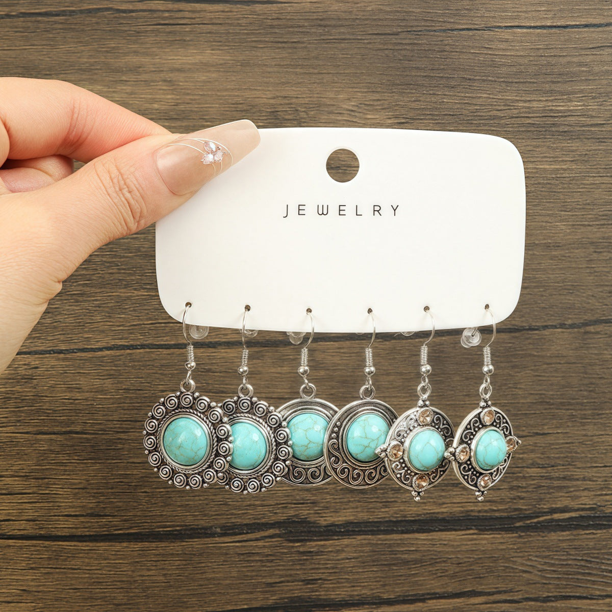 Wholesale Retro Ethnic Geometric Turquoise Tassel Earrings Antique Silver Finish Trendy Jewelry Accessory For Gift And Boutique Resale