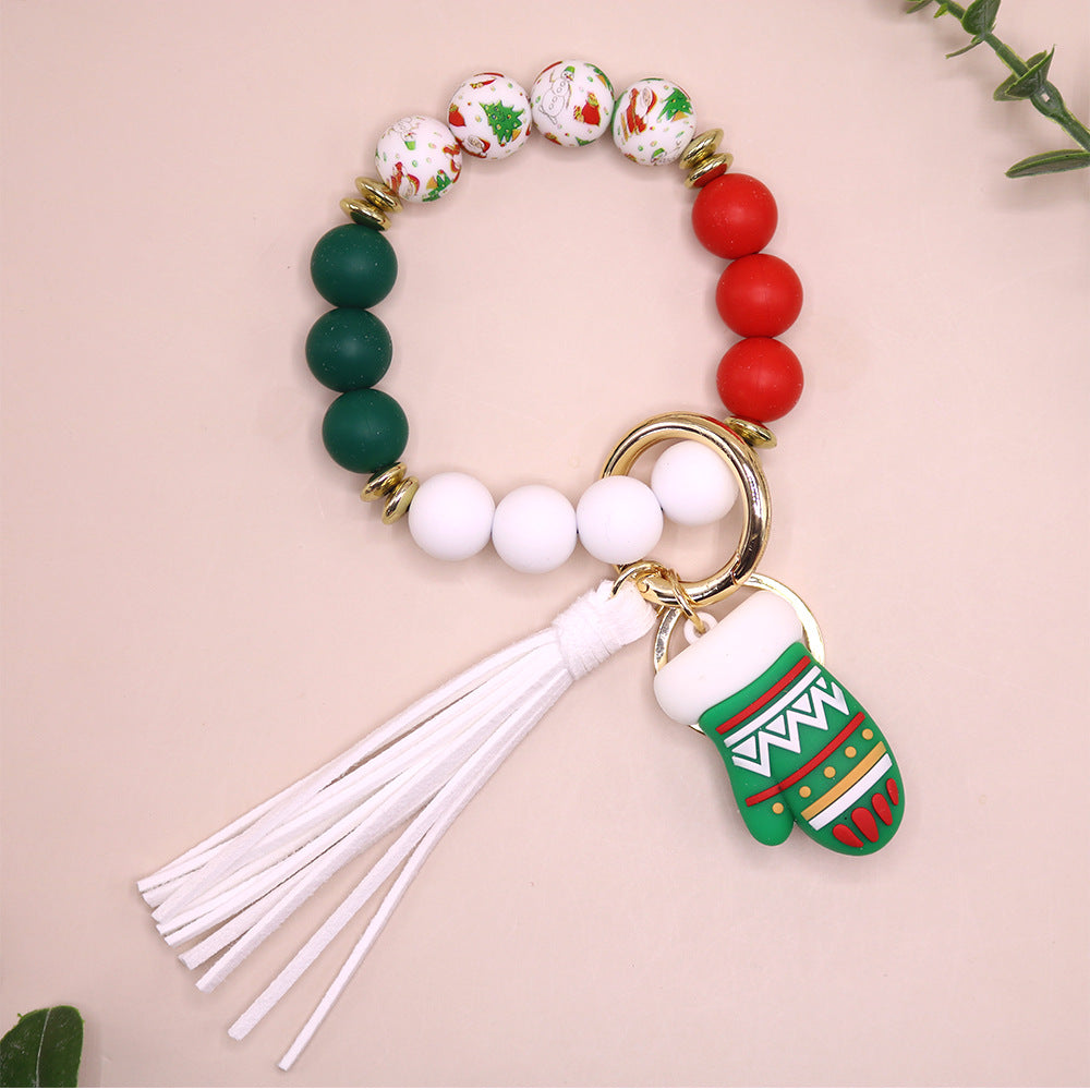 Wholesale 10PCS Silicone Christmas Elk Christmas Tree Beaded Wrist Keychain