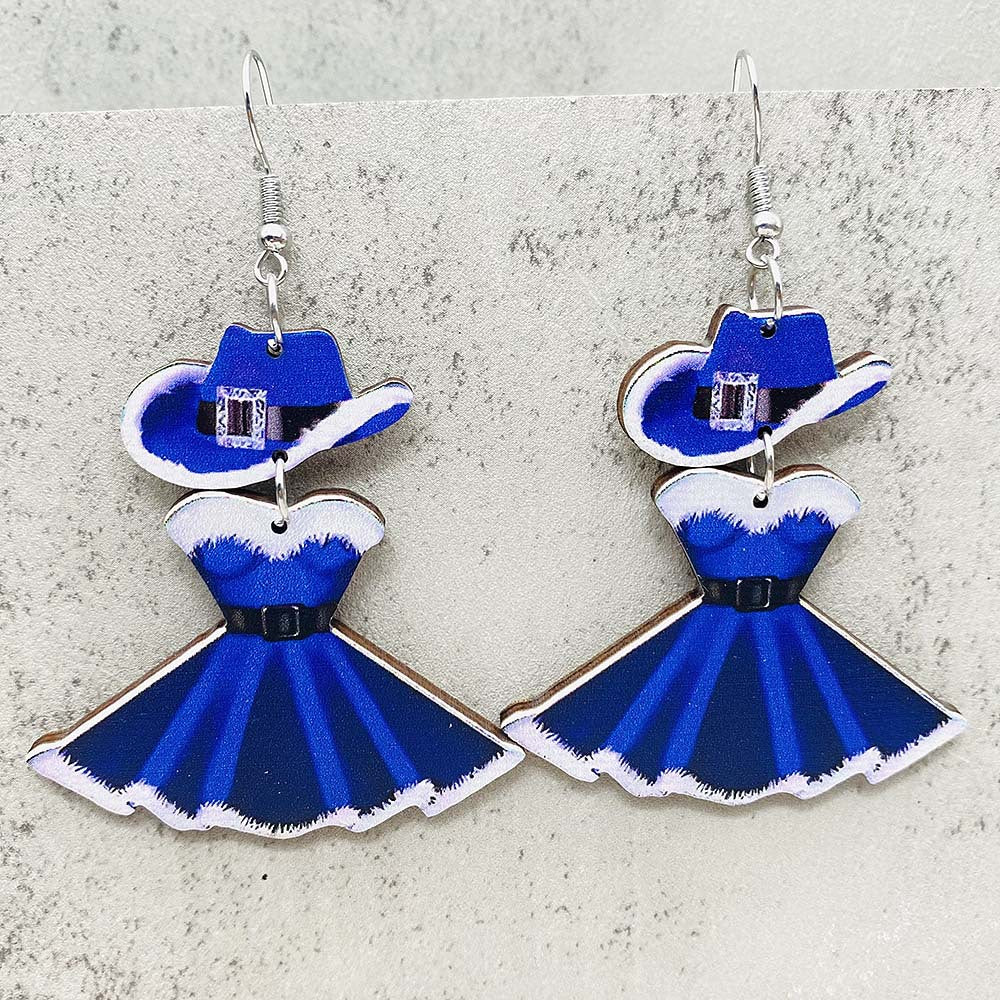 Wholesale Christmas Ornament Cute Princess Dress Western Denim Santa Hat Wooden Earrings