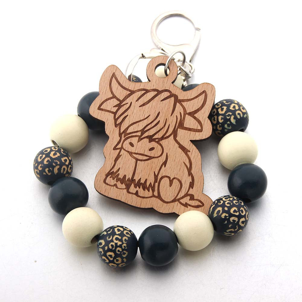 Wholesale Wooden Beads Lips Print Cartoon Elephant Highland Cattle Wrist Keychain