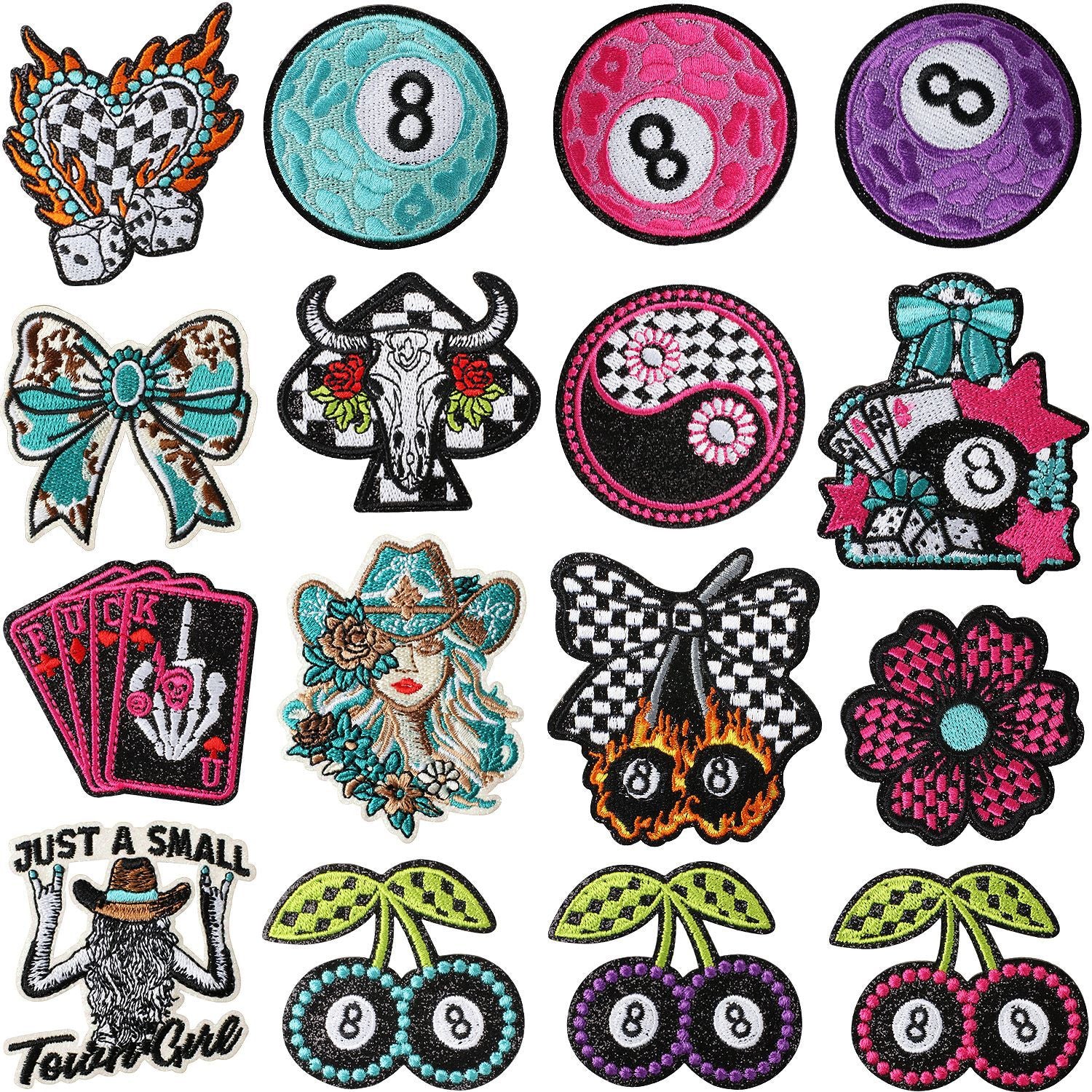 Wholesale Glitter Embroidered Fabric Patch Vintage American Retro Billiards Poker Cowboy Bow Flower Design For Clothing DIY Gift