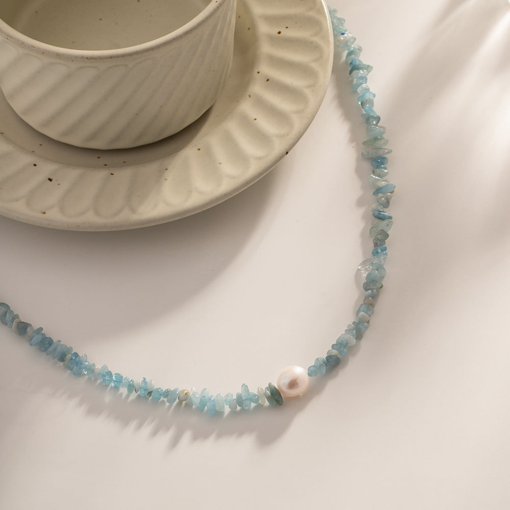 Wholesale Ocean Blue Gravel Pearl Titanium Steel Non-fading Necklaces