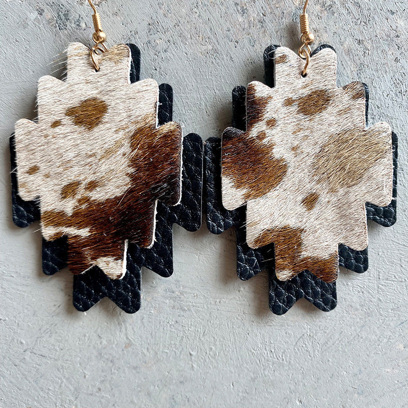 Wholesale 3 Pairs/Pack Western Cowboy Double Layer Aztec Horsehair Cowhide Leather Earrings