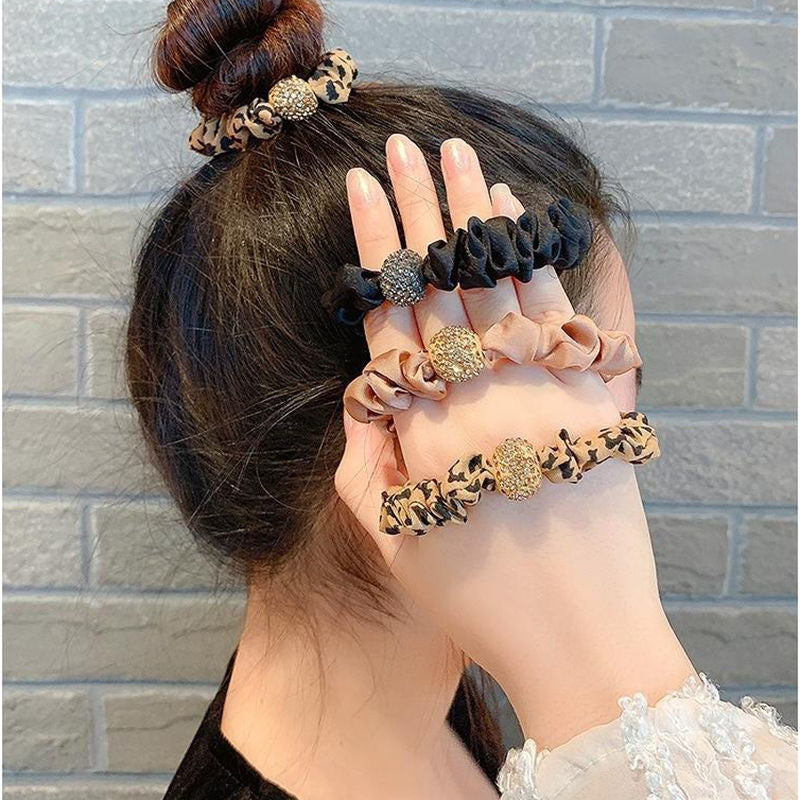 Wholesale Leopard Print Rhinestone Fabric High Elastic Large Intestine Hair Tie