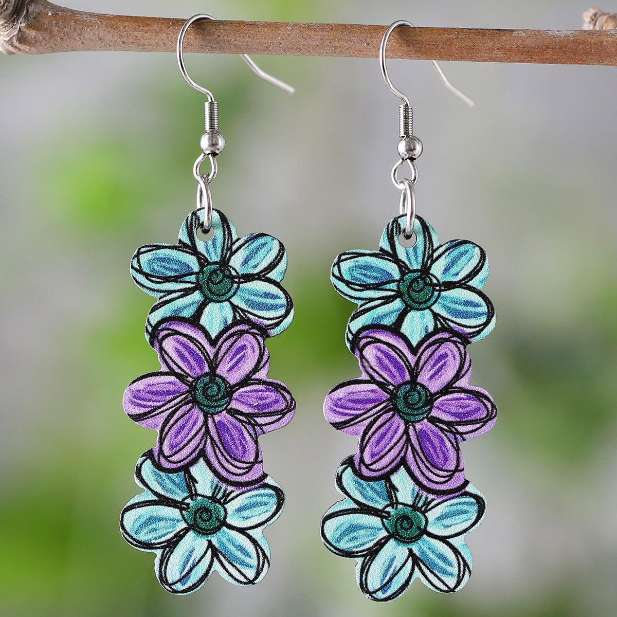 Wholesale Bohemian Color Flower  Wooden Double-Sided Earrings