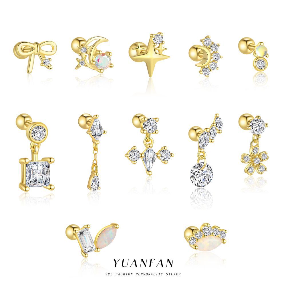 Wholesale Star Moon Zircon Round Head Earnail Ear Studs