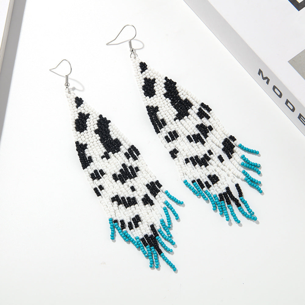 Wholesale Bohemian Handmade Woven Cow Grain Rice Bead Tassel Earrings