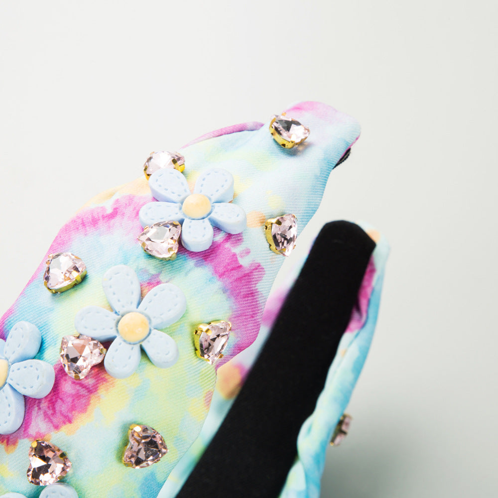 Wholesale Tie Dyed Fabric Inlaid with Diamonds, Flower Bows, Valentine's Day Headbands