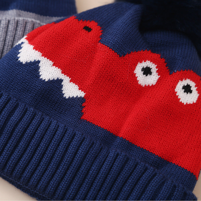 Wholesale Children's Dinosaur Knitted Hat Plus Velvet and Thickened Cartoon Woolen Hat