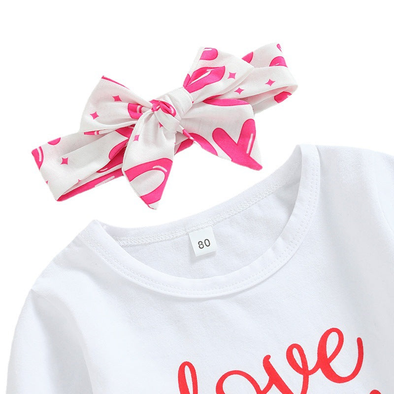 Wholesale Cotton Valentine's Day Long-sleeved Letter Print Tops and Bell-bottom Pants Hair Accessories Three-piece Set