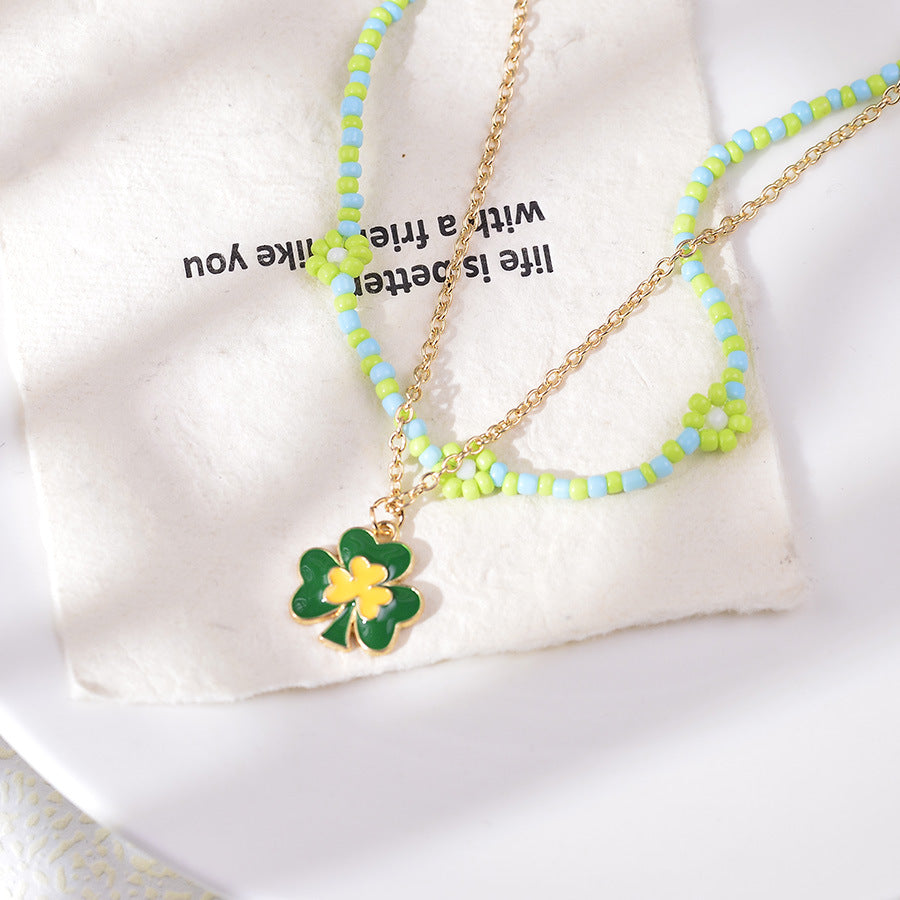 Wholesale Green Flowers Rice Beads St.  Patrick' s Day Clover Stacked Necklace
