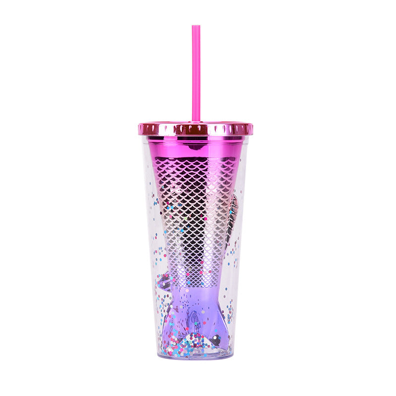 Wholesale Double-layer Plastic Cup Creative Gradient Mermaid Tail Colorful Sequin Straw Water Cup