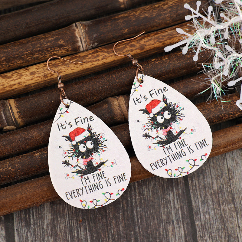 Wholesale creative Christmas funny cat Christmas hat water drops leather earrings