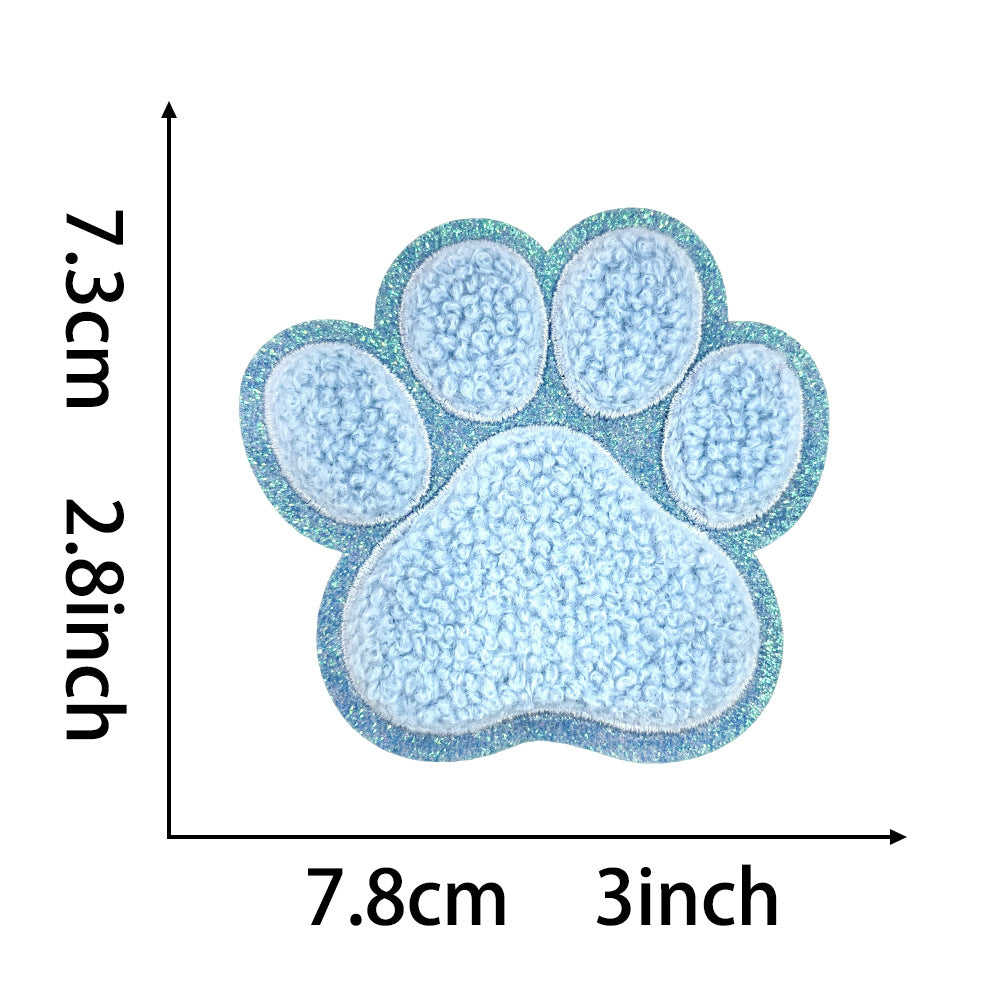 Wholesale Dog Paw Glitter Chenille Embroidered Patch Heat Activated DIY Applique For Shoes Hats And Pet Decor