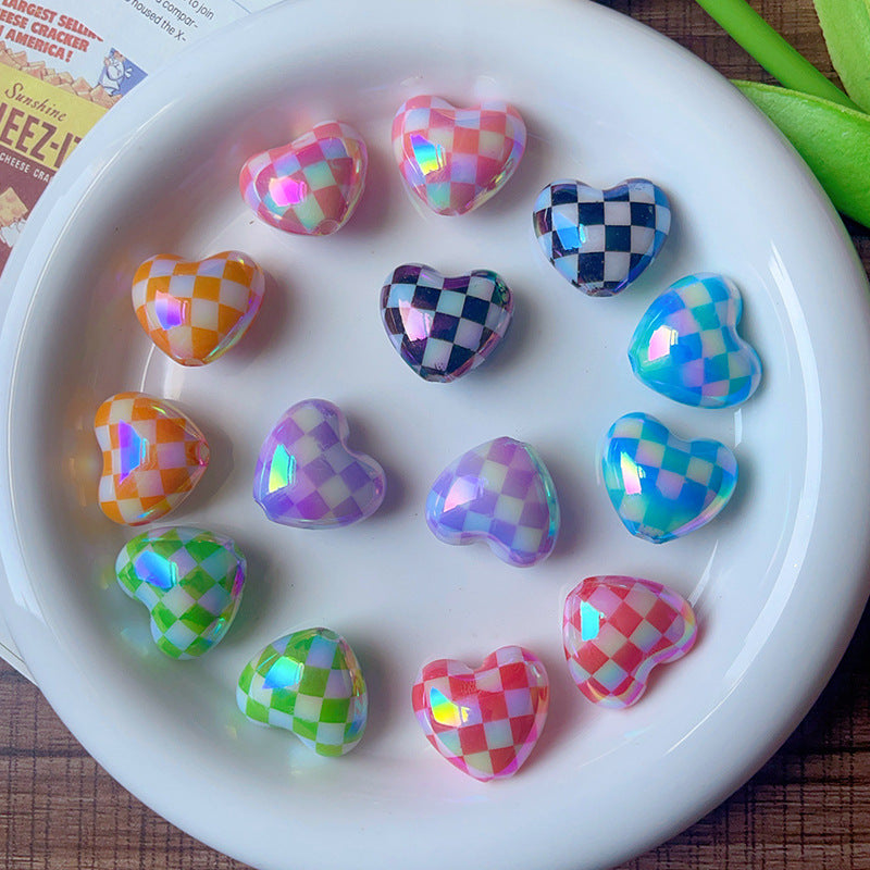 Wholesale 10pcs/pack  Printed checkered heart-shaped bead  Acrylic Beads
