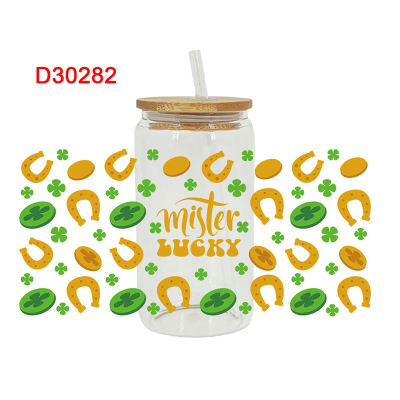 Wholesale Green Cartoon Four-Leaf Clover 16oz Cup UV DTF Wraps