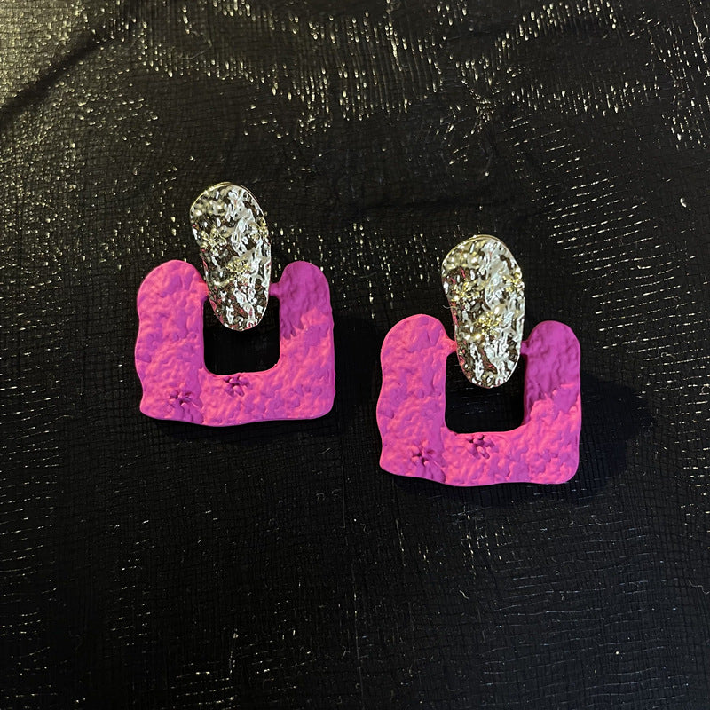 Wholesale Candy Colored Geometric Square Circles C-shaped Rose Red Alloy Earring