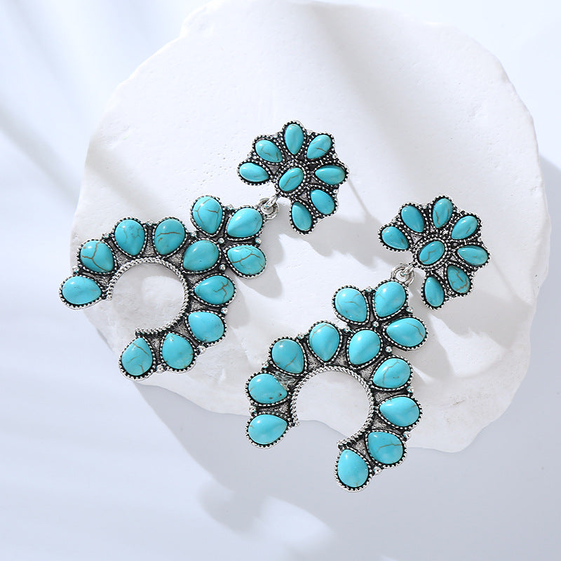 Wholesale Exaggerated retro fan-shaped turquoise hollow earrings