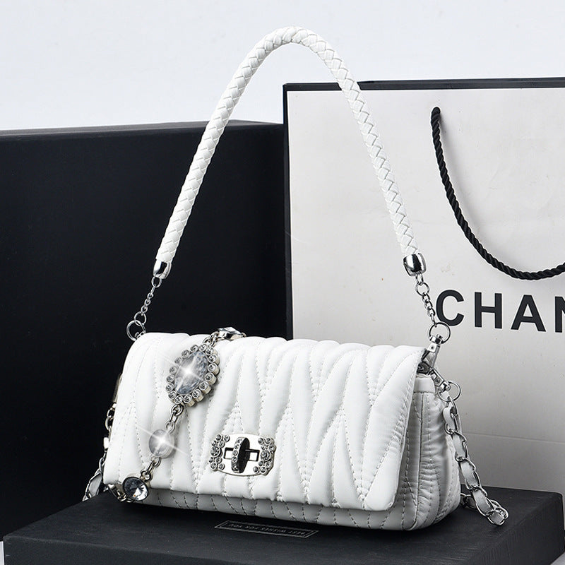 Wholesale Fashionable Versatile Soft Leather Rhinestone Chain Pleated Bag