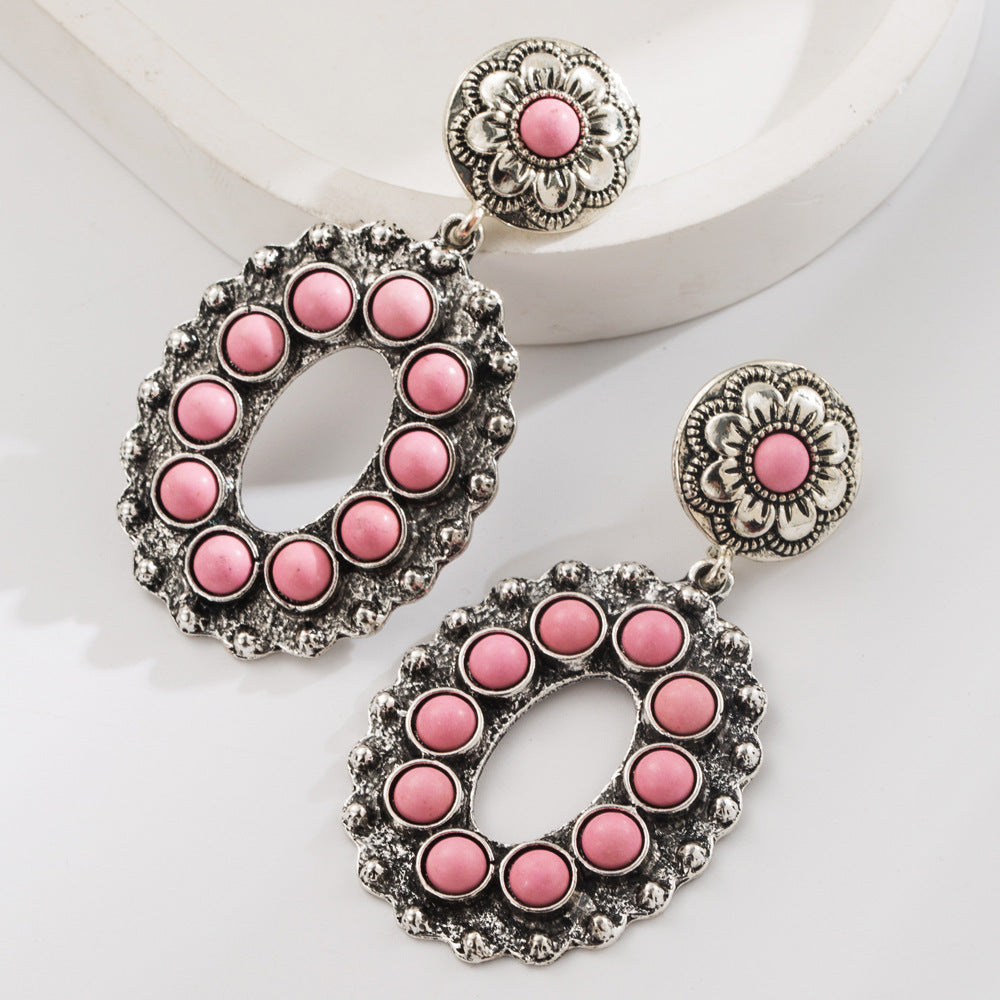 Wholesale Retro Western Turquoise Inlay Alloy Earrings Hollow Flower Design For Women Fashion Accessory